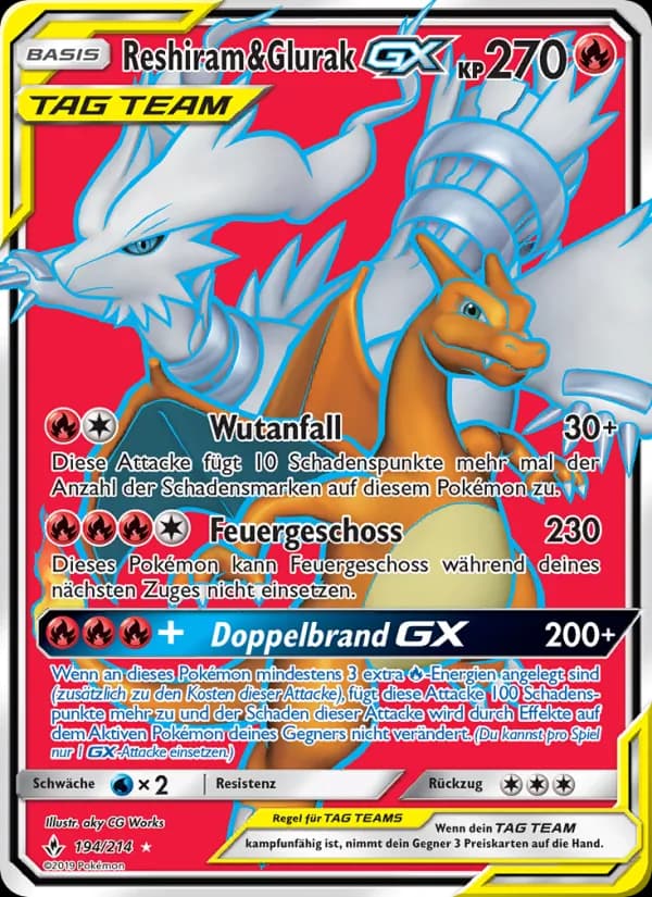 Reshiram & Glurak GX card in German