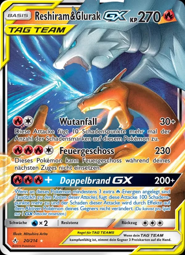 Reshiram & Glurak GX card in German
