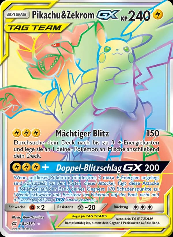 Pikachu & Zekrom GX card in German
