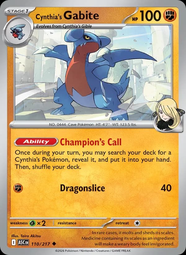 Cynthia's Gabite card in English
