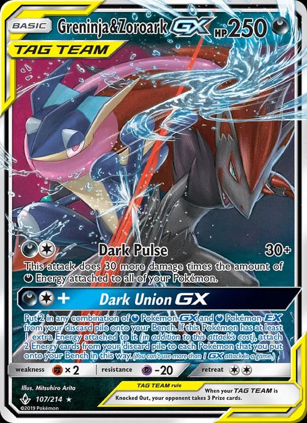 Greninja & Zoroark GX card in English