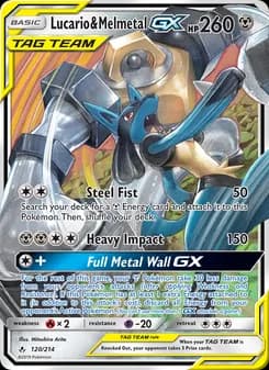 Lucario & Melmetal GX card in English