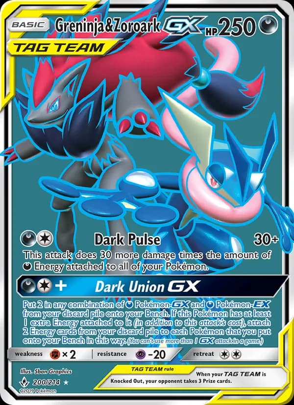 Greninja & Zoroark GX card in English