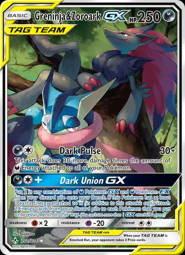 Greninja & Zoroark GX card in English