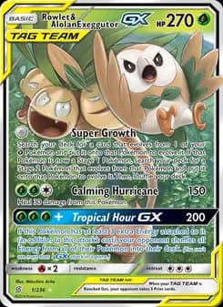 Rowlet & Alolan Exeggutor GX card in English