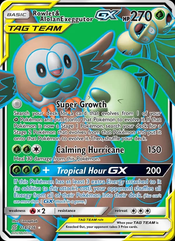 Rowlet & Alolan Exeggutor GX card in English