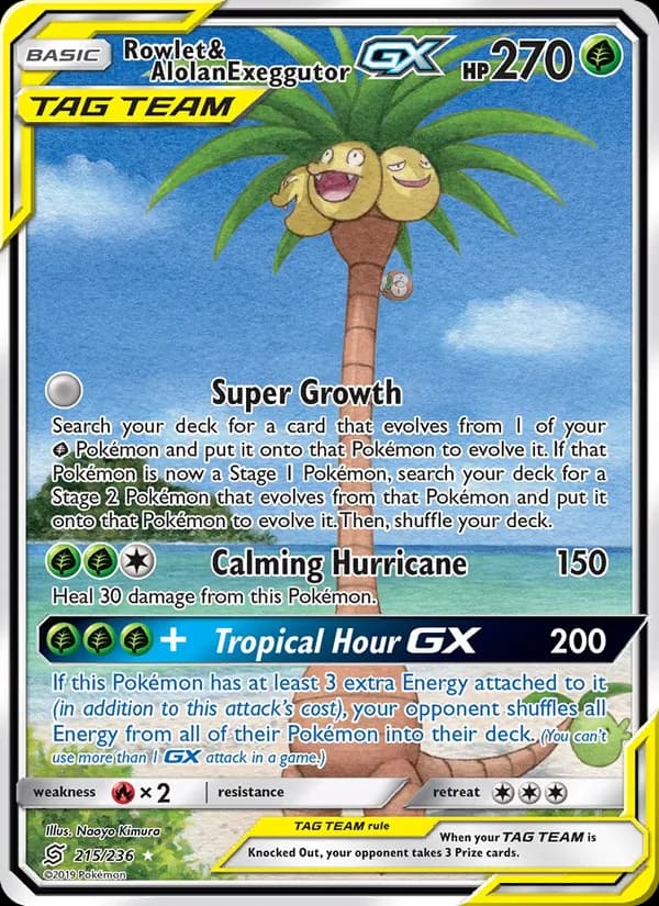 Rowlet & Alolan Exeggutor GX card in English