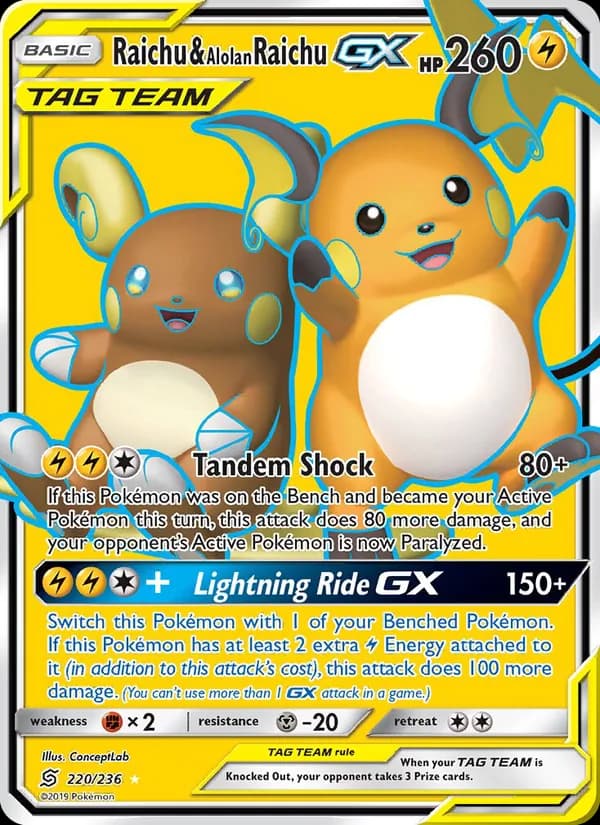 Raichu & Alolan Raichu GX card in English