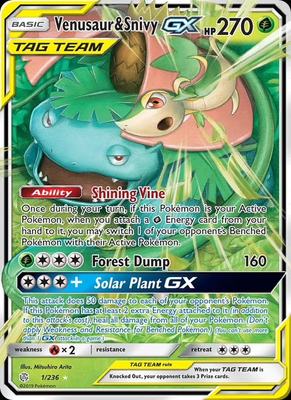 Venusaur & Snivy GX card in English
