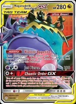 Naganadel & Guzzlord GX card in English