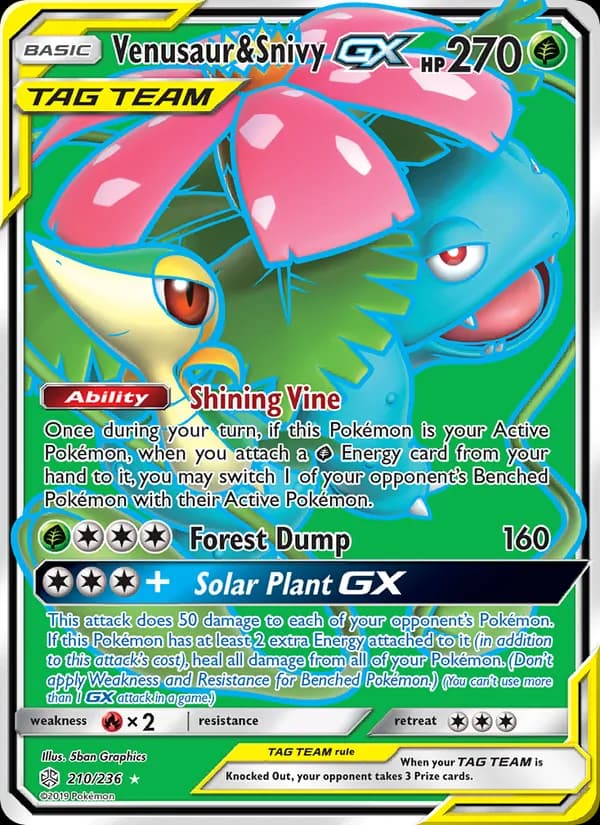 Venusaur & Snivy GX card in English