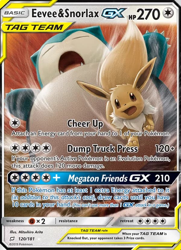 Eevee & Snorlax GX card in English