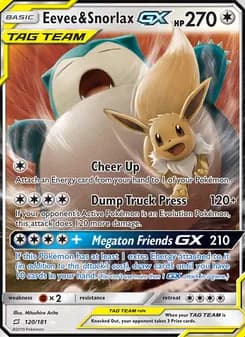 Eevee & Snorlax GX card in English