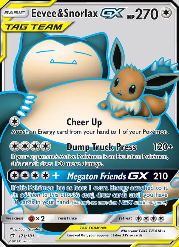 Eevee & Snorlax GX card in English