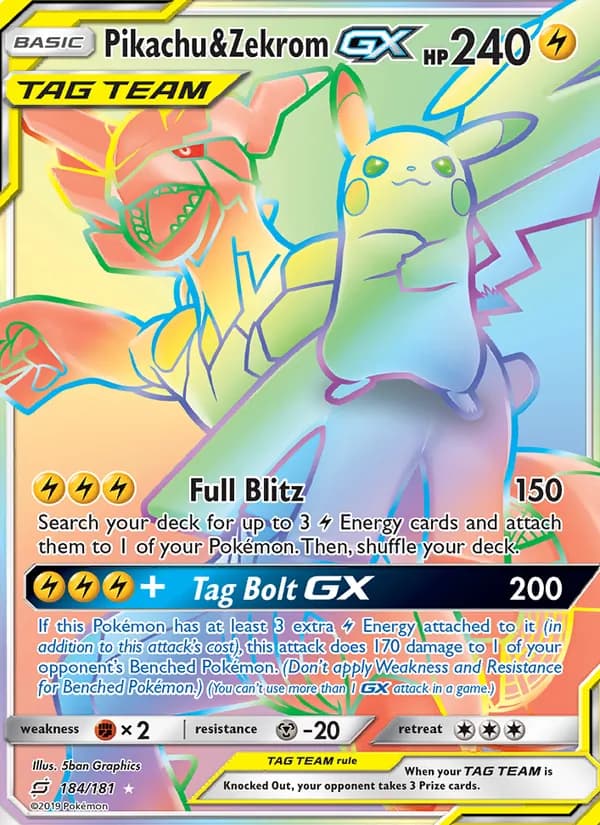 Pikachu & Zekrom GX card in English