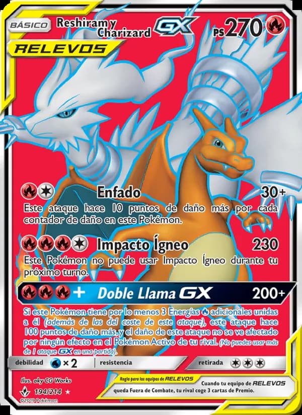 Reshiram y Charizard GX card in Spanish