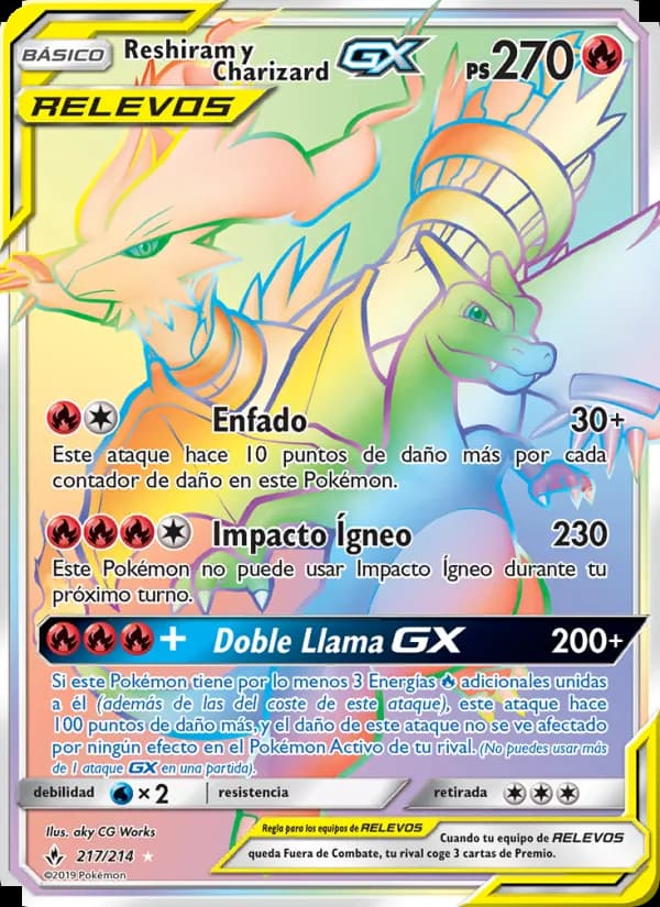 Reshiram y Charizard GX card in Spanish