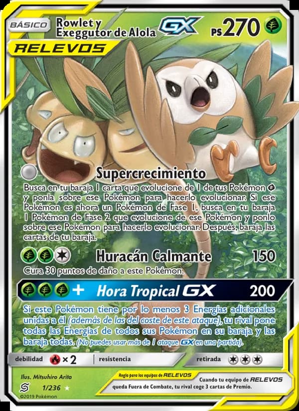 Rowlet y Exeggutor de Alola GX card in Spanish
