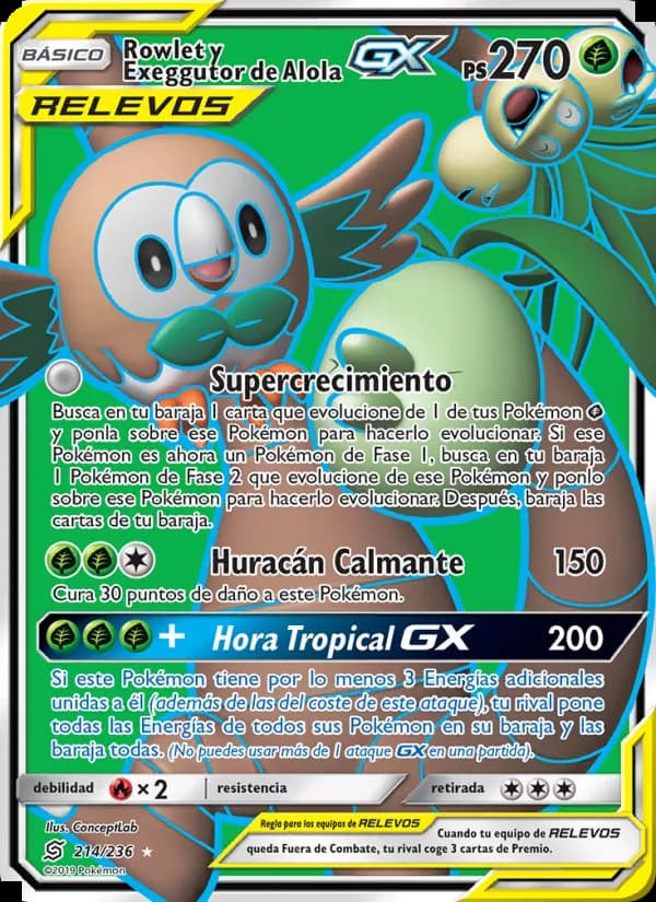 Rowlet y Exeggutor de Alola GX card in Spanish