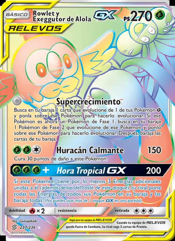 Rowlet y Exeggutor de Alola GX card in Spanish