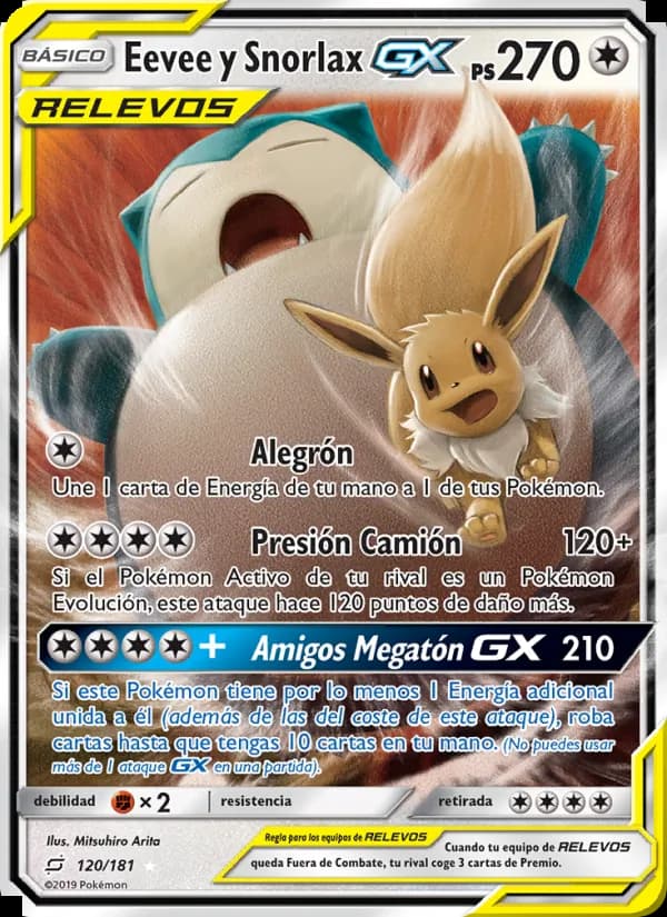 Eevee y Snorlax GX card in Spanish