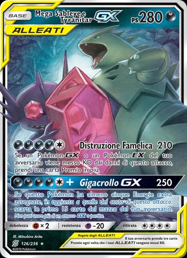 Mega Sableye e Tyranitar GX card in Italian