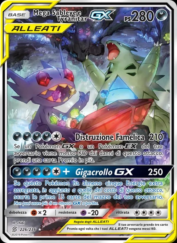 Mega Sableye e Tyranitar GX card in Italian