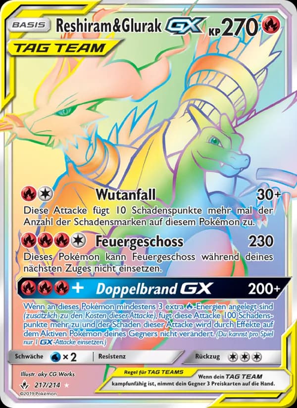 Reshiram & Glurak GX card in German